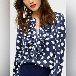 NWOT J.Crew Long Sleeve Ruffle Front Top, Blue/White Dot, Size XS. Never worn!